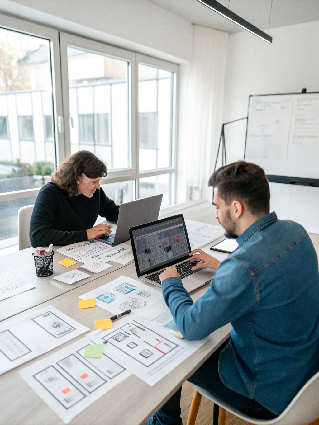 Professional web designer collaborating with a local business owner on a custom website layout