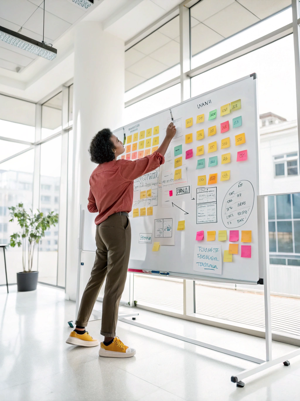 Whiteboard showing user flow and site architecture diagrams
